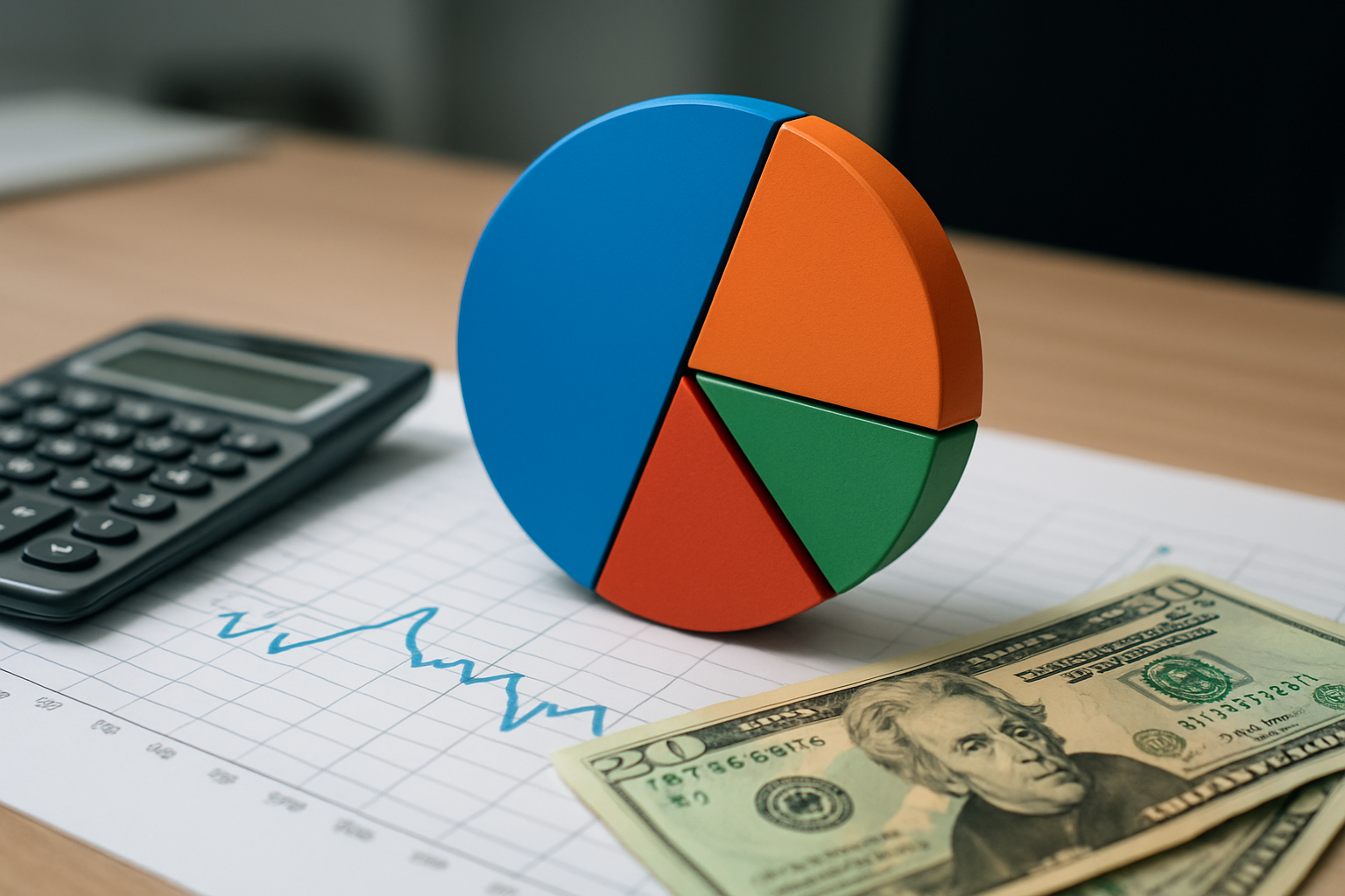 A colorful pie chart model next to a calculator and a twenty-dollar bill on a graph paper
